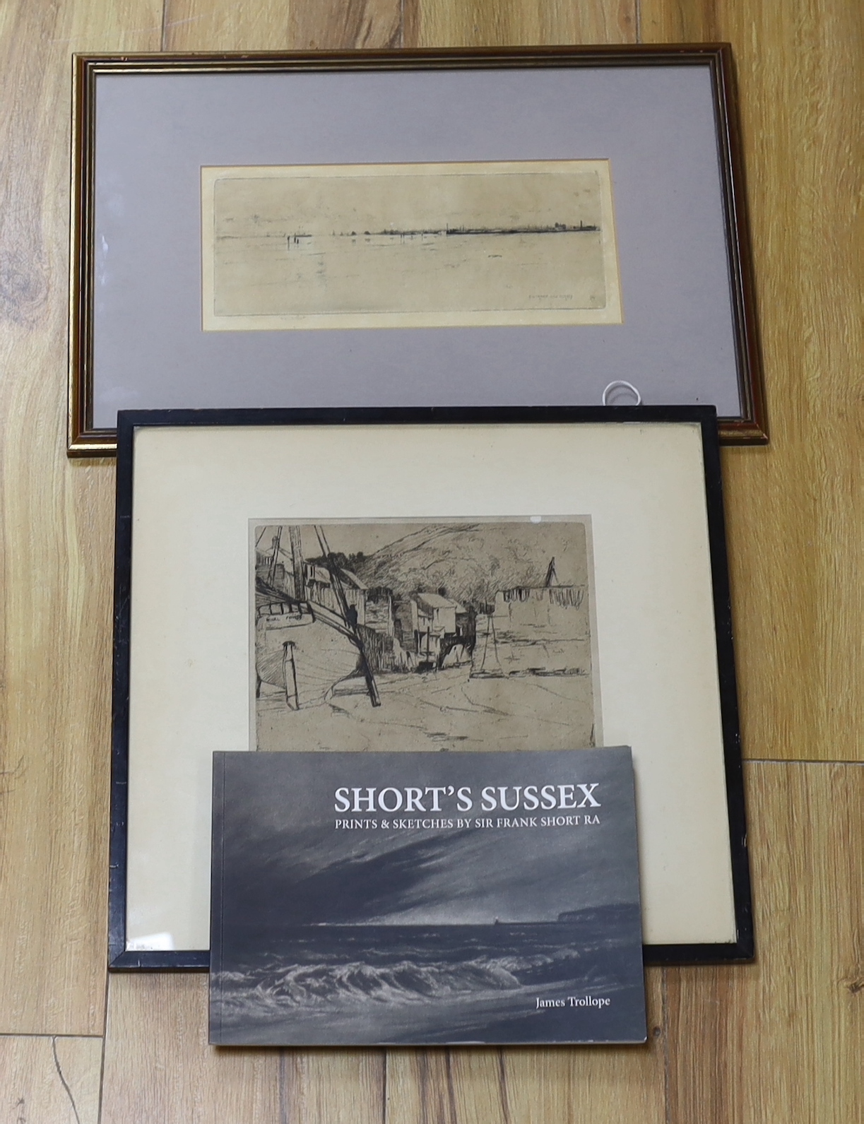 Sir Frank Short R.A. (1857-1945), four drypoint etchings, 'Entrance to the Mersey', 'Polperro Harbour', 'Talland, Cornwall' and 'George's Dock, Liverpool', signed in pencil, largest 20 x 15cm, with a copy of Short's Suss